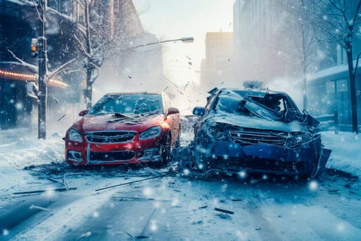 Collision of red and blue car on a street in winter, symbolises the dangerous conditions in winter with ice, snow and snatch. Dangerous Winter Driving Hazards. AI generated