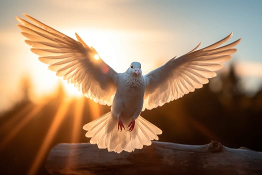 White dove flying on sky in beautiful sunset light for freedom and peace concept. AI generated