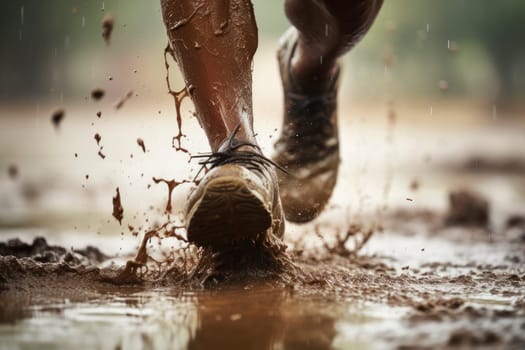 Low section of jogger running through puddle. Dirty feet runner run  trail in autumn through mud and puddles. AI generated
