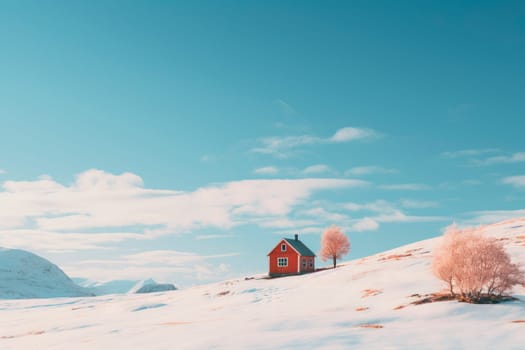 A small abandoned cabin in a snowy mountains. Red wooden hut in a mountains. AI generated