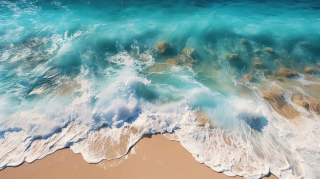 Beach Sand Sea Shore with Blue wave and white foamy summer background,Aerial beach top view overhead seaside.