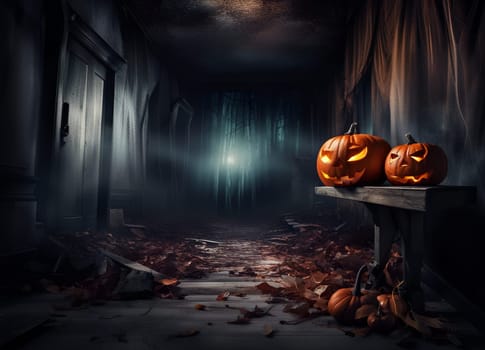 Halloween is coming, abstract Halloween background with pumpkins and haunted forest on the background