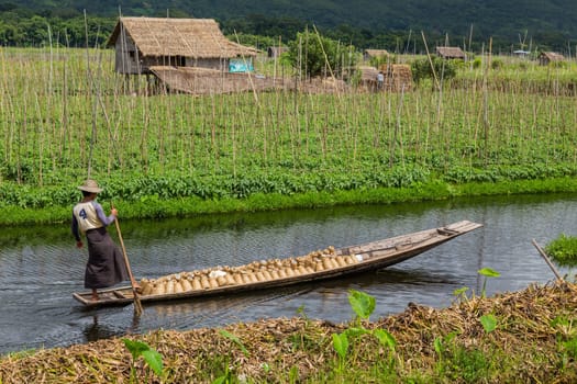 The Inle Lake. Myanmar: 17 August 2020: Fisherman rowing boat on Inle Lake, Myanmar. Inle Lake is famous for its floating villages and gardens.