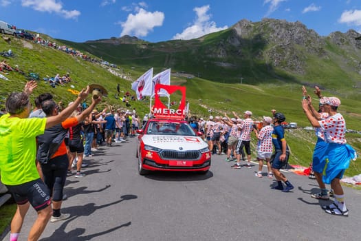 Col du Tourmalet, France - July 06 2023: Caravan car at the top of the Col du Tourmalet in Pyerenees mountains during the stage 6 of Le Tour de France 2023