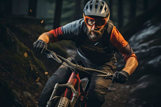 Professional Cyclist Riding the Downhill Mountain Bike on the Summer Rocky Trail at the Evening. Extreme Sport and Enduro Cycling Concept.