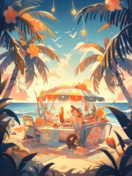 Bright colorful party card of a tropical joyfull celebration setting with drinks and snacks. A central copy space for your greeting , invitation or advertising.
