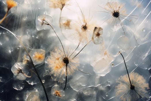 Frozen wild plants in icy water. Autumn natural background. Wildflowers composition. Fall season decoration concept. Wild plants. Muted colours