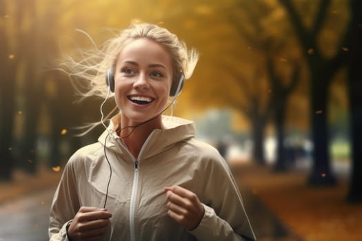Young woman jogging outdoor during workout on autumn day. Woman running in park. Active woman. Cardio training. Physical fitness. Cardio workout. Healthy lifestyle. Daily routine. Body exercises