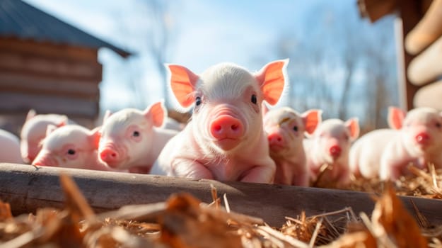 Group of young piglets on hay and straw at pig breeding farm. AI generated