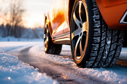 Low angle view of an orange car stopped on a winter road. AI generated