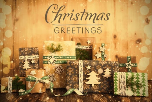 Text Christmas Greetings, Eco Friendly, Sustainable, Rustic, Green Wrapped Christmas Gifts, Winter Background
