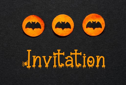 Black Halloween Background With Three Orange Dots With Bats And Text Invitation