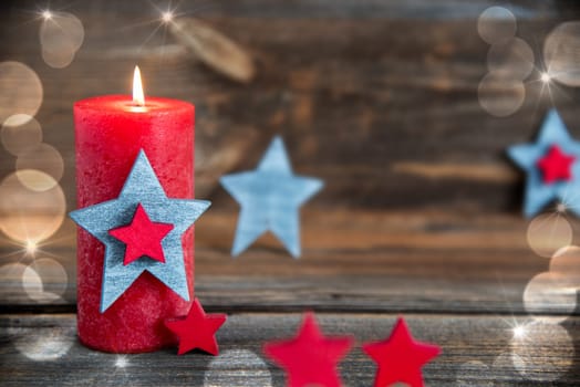 Wooden Background, Red Candle And Red Starts, Winter Background, Festive Christmas Decoration