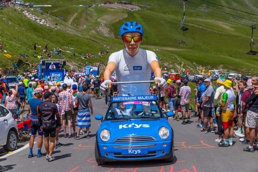 Col du Tourmalet, France - July 06 2023: Caravan car at the top of the Col du Tourmalet in Pyerenees mountains during the stage 6 of Le Tour de France 2023