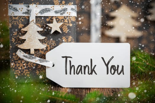 Text Thank You, On A Label, Christmas Gifts, Eco Friendly Winter Decor With Snowfall