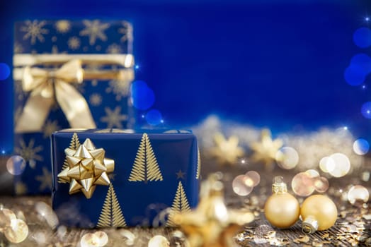 Copy Space, Golden Blue Shiny Christmas Decor, Winter Background