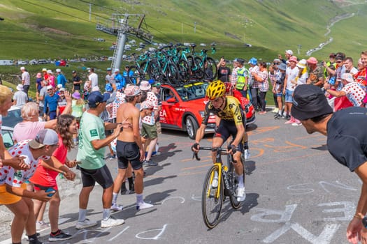 Col du Tourmalet, France - July 06 2023: Sepp Kuss climbig the road to Col du Tourmalet in Pyerenees mountains during the stage 6 of Le Tour de France 2023.