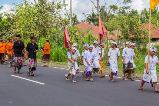 Bali, Indonesia: 17 August 2020: Royal cremation ceremony. Balinese hindus religion procession. Bade and Lembu Black Bull symbol of transportation for the spirit to the heaven