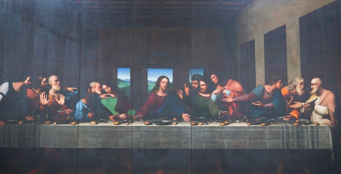 Turin, Italy - April, 2023: the painting of Last Supper in Duomo after Leonardo da Vinci by Vercellese Luigi Cagna, 1836