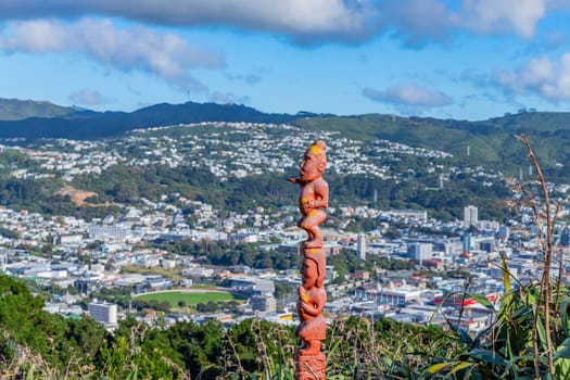Maori totem pole (Pou whenua) in Wellington, New Zealand