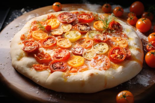 Raw Dough Of A Pizza With Dried Colorful Tomato on wood