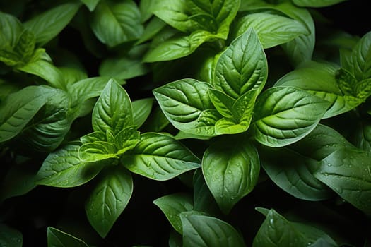 Top-down picture of Genovese basil plants. Basil (Ocimum basilicum), also called sweet basil, is a tender plant, and is used in cuisines worldwide. This cultivar is used for the famous Genoese pesto.