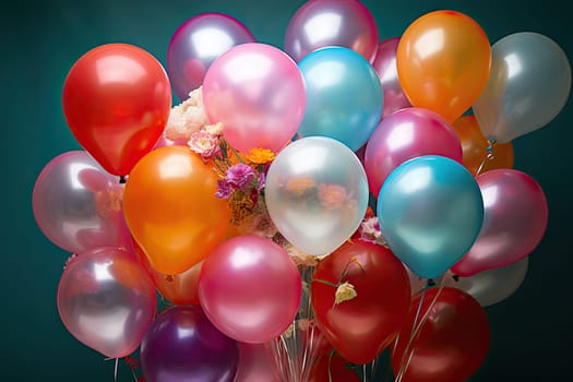 A lot of coloured flyiing balloons during an birthday.