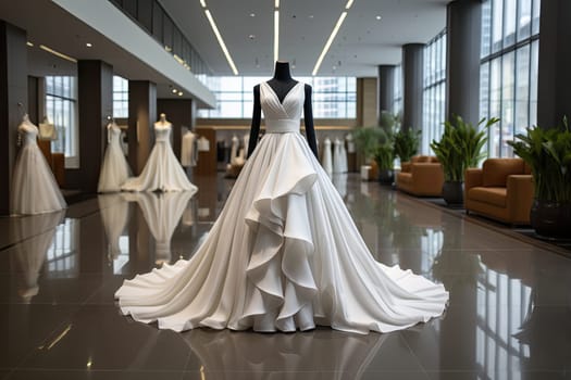 Collection of wedding dresses in the shop.