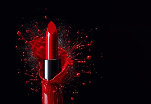 Red lipstick in a splash of red on a black background