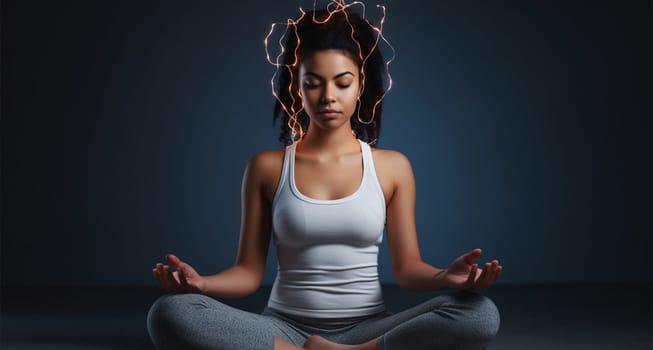 A woman sits in the lotus position on a dark background. energy and harmony