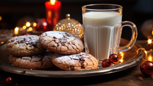 A cup of hot milk and homemade chocolate chip cookies on a plate next to Christmas decorations