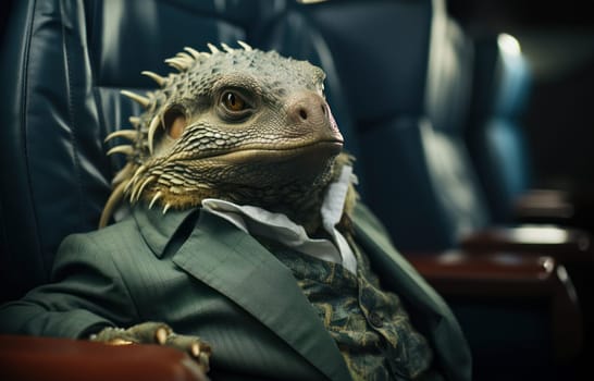 a green dragon sits in an airplane seat by the window in a suit.