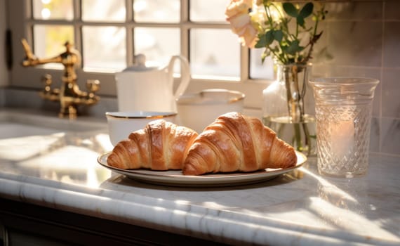 freshly baked croissant with butter served on a white plate on a marble table with flowers on a sunny morning
