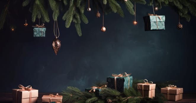 Minimalist template with fir branches, gift boxes and place for text. Merry Christmas and Happy New Year