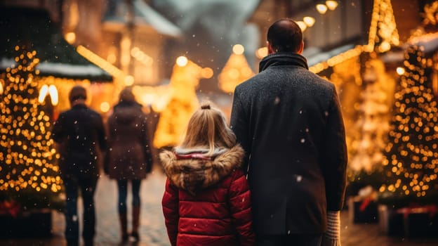 a family goes spending time at a traditional Christmas market on a winter evening. father and daughter have fun in a Christmas town decorated with lights.