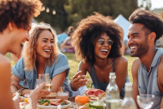 Mixed race friends having a picnic in the park, outdoor party. Rest outside the city. Happy people enjoy. Weekends in summer.
