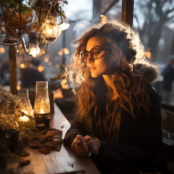 a young beautiful woman in glasses and a hat sits alone on an autumn evening in a street cafe by candlelight.