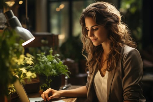 young woman scientists working using a laptop in a greenhouse with flowers. creating a plant catalog