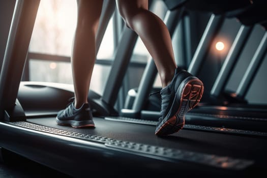 Close-up on the shoes of a woman running on a treadmill in the gym. exercise concept. fitness and healthy lifestyle
