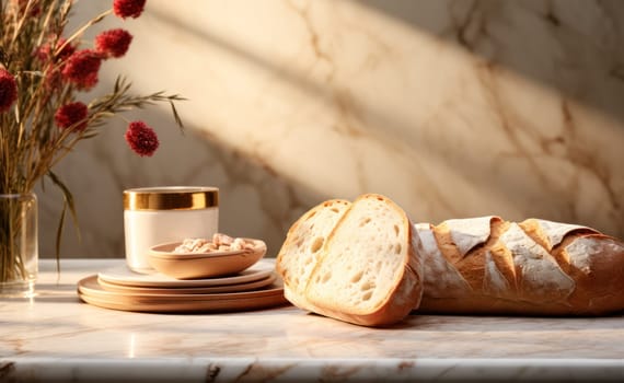 fresh bread on a marble tabletop early in the morning.
