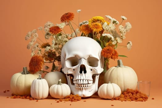 assorted Halloween items - skull, orange and gold shiny pumpkins and flowers on a colored background
