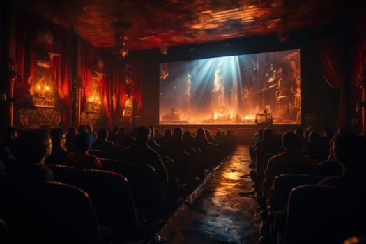 film on screen old retro cinema with red velvet walls and seats. mystical atmosphere.