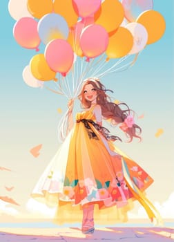 Happy little cute girl wearing a party dress with flowers in her hair and holding colorful balloons on a light blue white background. Creative background for birthday cards and invitations.