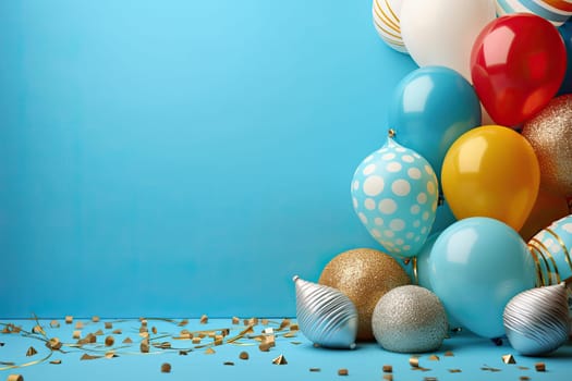Multicolored carnival or birthday background on blue with a frame of colorful party balloons, streamers, confetti and candy around central copy space.