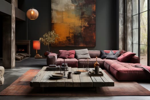 Concept of interior design in boho chic style with alrge windows and a lush garden. Bohemian living room with comfortable couch, cushions, wooden coffee table and home decor. Modern abstract painting on the walls.