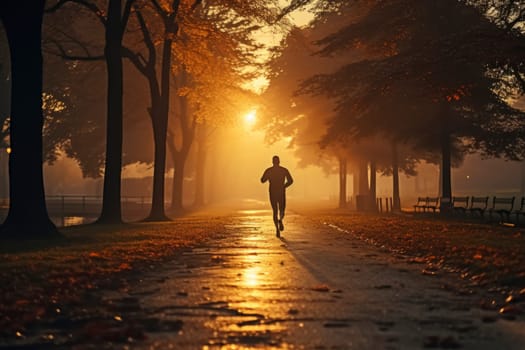 Man running in park at autumn, fall during early morning. Healthy lifestyle concept.