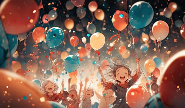 Happy children with bright colorfull balloons celebrates a birthday. colorfull happy light background. Copy space.