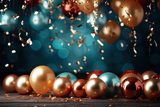 A large number of celebration and party colorful golden and blue balloons with blue backgrounds. Event decoration. New year eve. Christmas party. Celebration