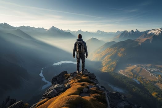 A hiker walking on a mountain meadow in spring or autumn. Hiking in the Lusatian mountains. Hiker, Backpacking on top of a mountain cliff landscape and trekking in it. Concept: Adventure, Art, Travel