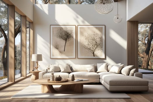 Livingroom of bright minimalist modern interior design huge bright apartment. Sunny room with large windows and sun.